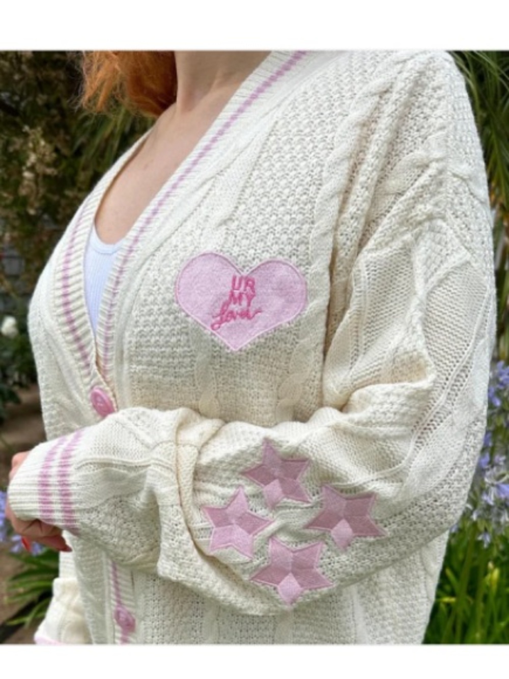 Taylor Swift Fan Lover Cardigan Cream Pink UR My Lover Heart Star Small Oversize